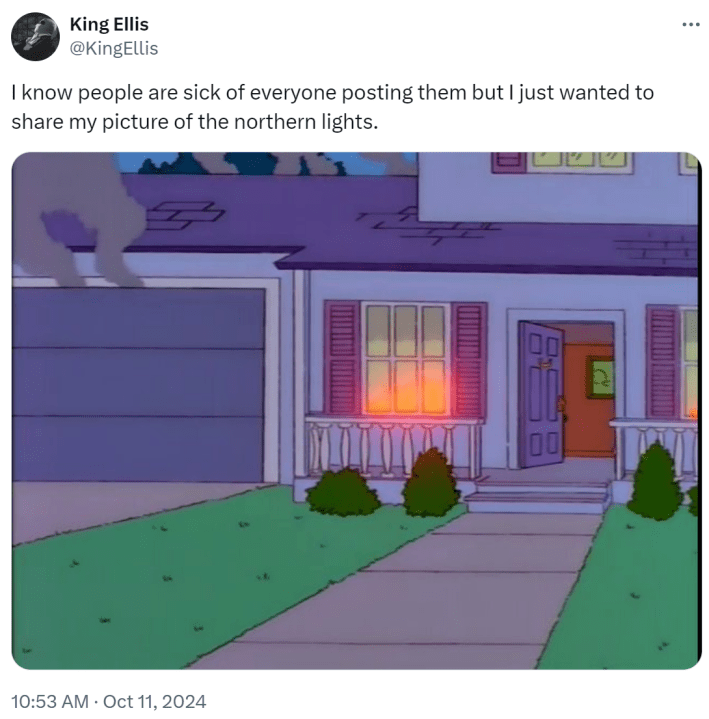 Tweet that reads, "I know people are sick of everyone posting them but I just wanted to share my picture of the northern lights." With a screencap from The Simpsons.