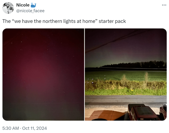Tweet that reads, "The 'we have the northern lights at home' starter pack." with faded photos of the aurora borealis.
