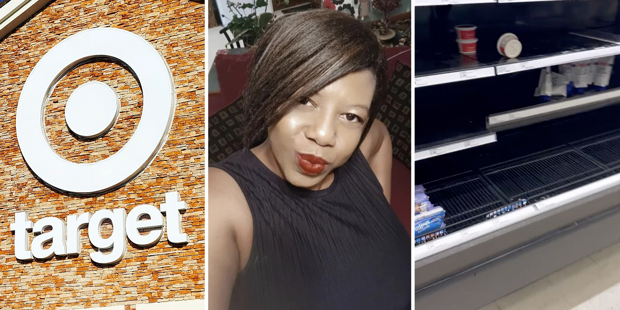 Target logo(l), Woman smiling(c), Empty shelves(r)