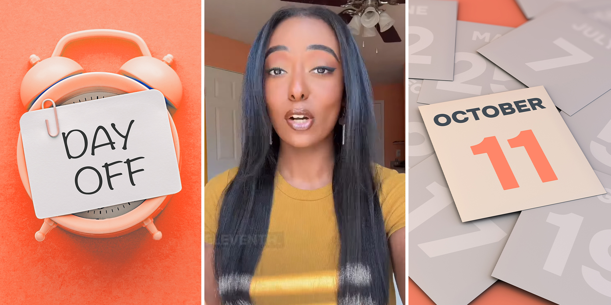 Clock with paper on top that reads "day off" (l) Woman with long hair(c) Paper that reads "October 11th"