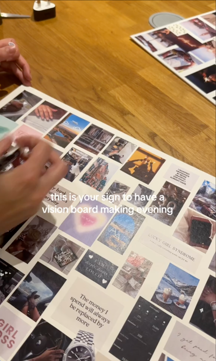 TikToker participating in the October Theory, text overlay reads, "this is your sign to have a vision board making evening."