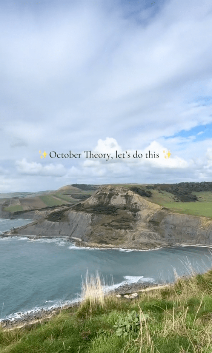 TikTok of a picturesque cliffside walk. Text overlay reads, "October Theory, let's do this."
