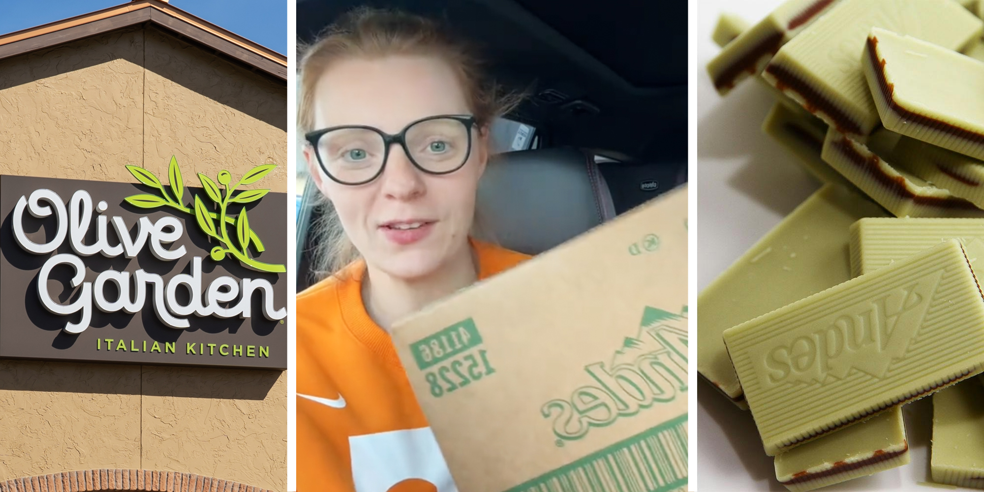 Olive Garden storefront(l), Woman holding box(c), Andes chocolates(r)