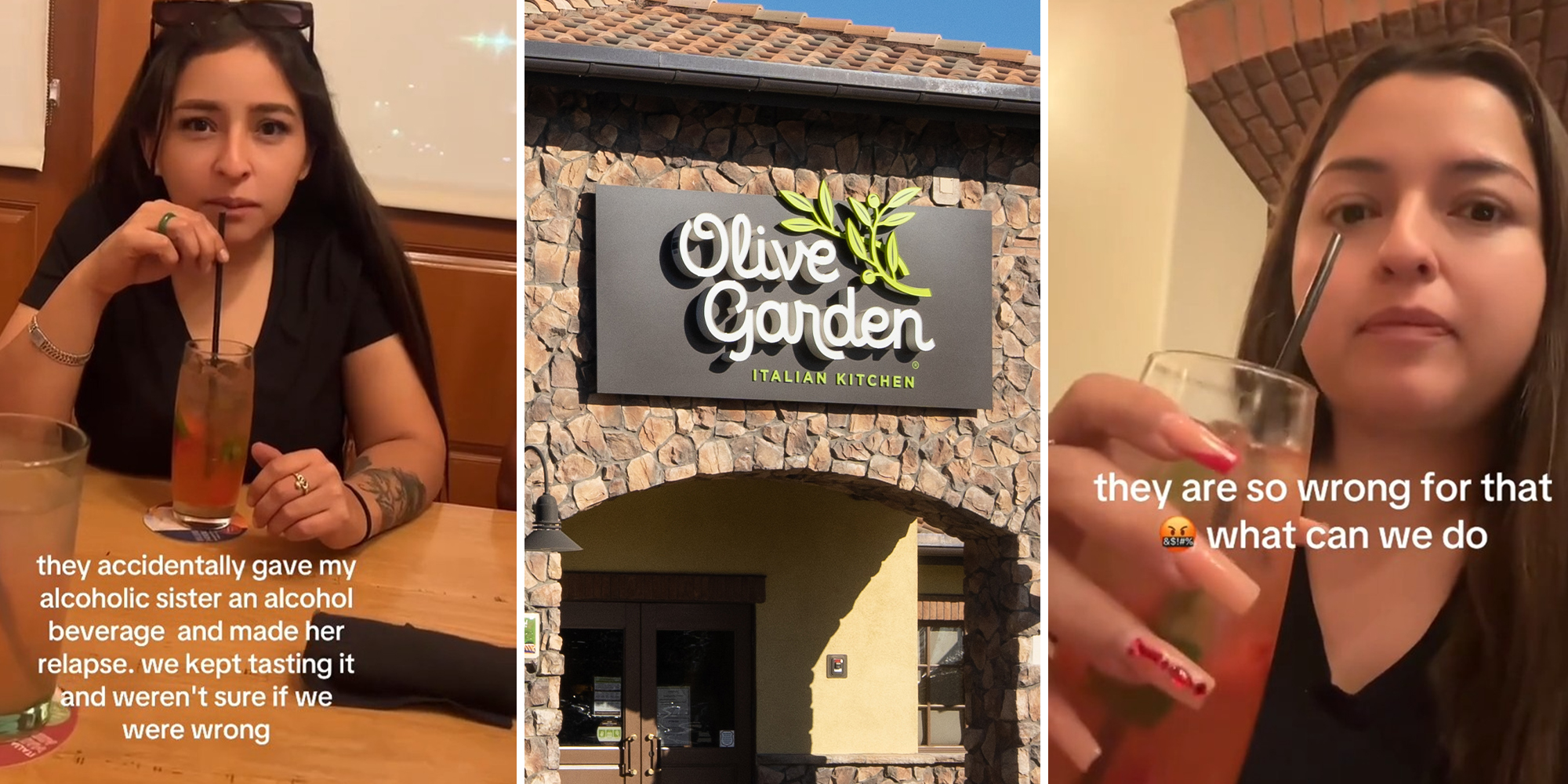 Girl Trying Drink(l) Olive garden restaurant front(c) Woman taking a sip from a drink(r)