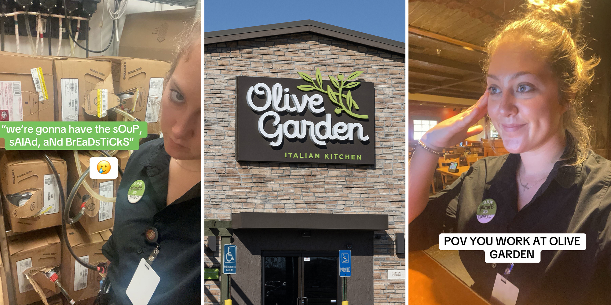 olive garden worker surrounded by boxes (l) Olive Garden restaurant(c) Olive Garden Employee