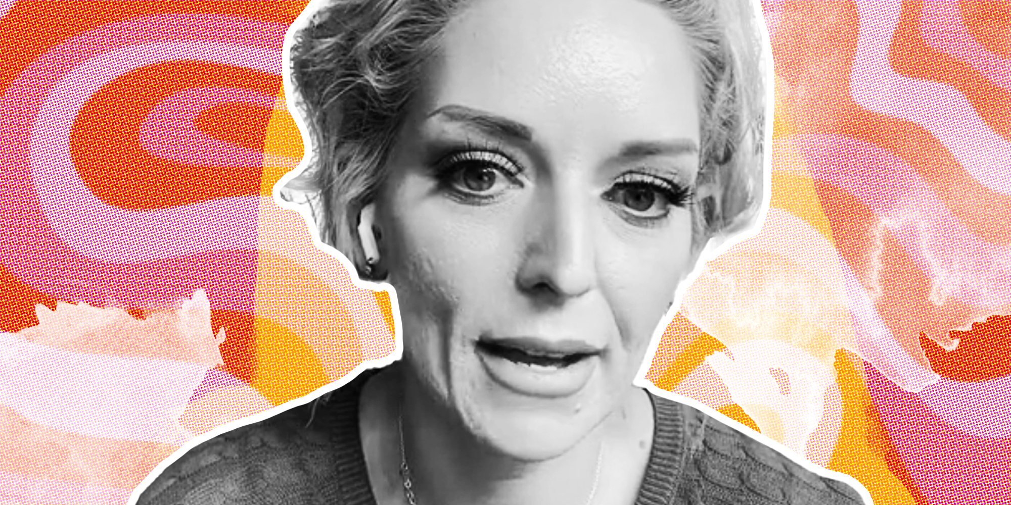 Ophelia "Mama Tok" in black and white over pink and orange background