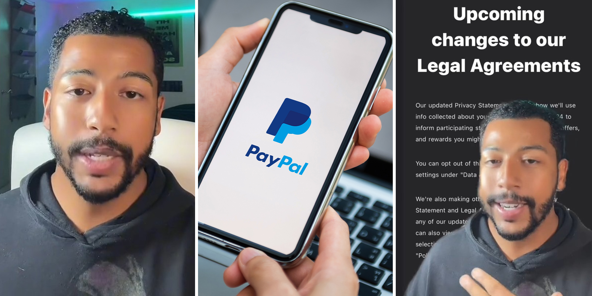 TikToker Explains Paypals term of service change(l) Paypal logo on iPhone X(c) TikToker with green screen overlay of paypal terms of service(r)