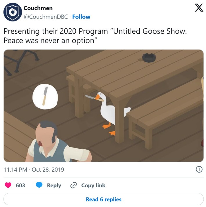 "Presenting their 2020 Program 'Untitled Goose Show: Peace was never an option'" tweet
