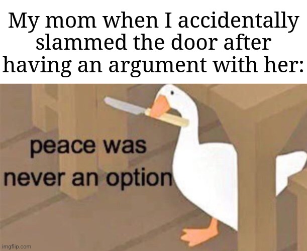 "my mom when i accidentally slammed the door after having an argument with her" peace goose meme