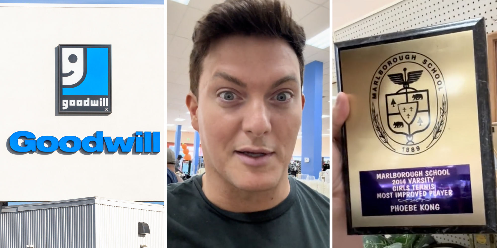 Goodwill sign(l), Man talking(c), Hand holding Trophy of Phoebe Kong