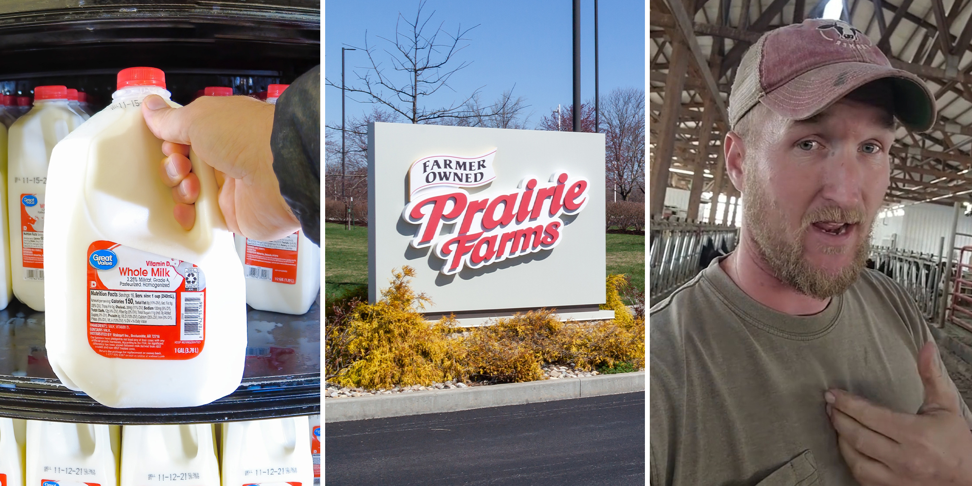 Hand grabbing whole milk(l) Prairie Farms Sign(c) Man at cow farm(r)