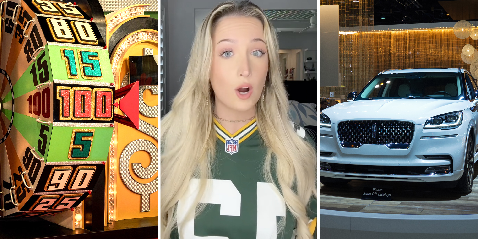 Price is right wheel(l) Woman talking(c), Car on display(l)