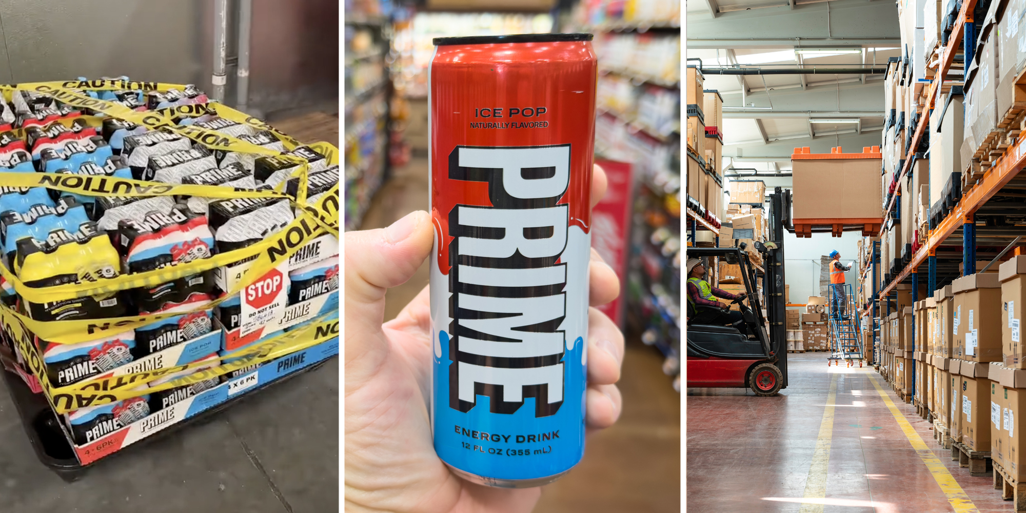 Boxes of Prime energy drink(l), Hand holding can of Prime(c), Forklift in warehouse(r)