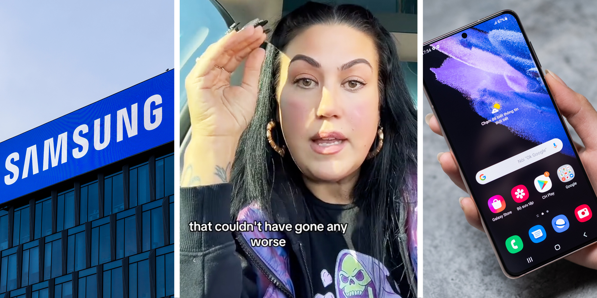 Samsung HQ(l), Woman talking with text that says "that couldn't have gone any worse"(c), Hand holding samsung phone(r)