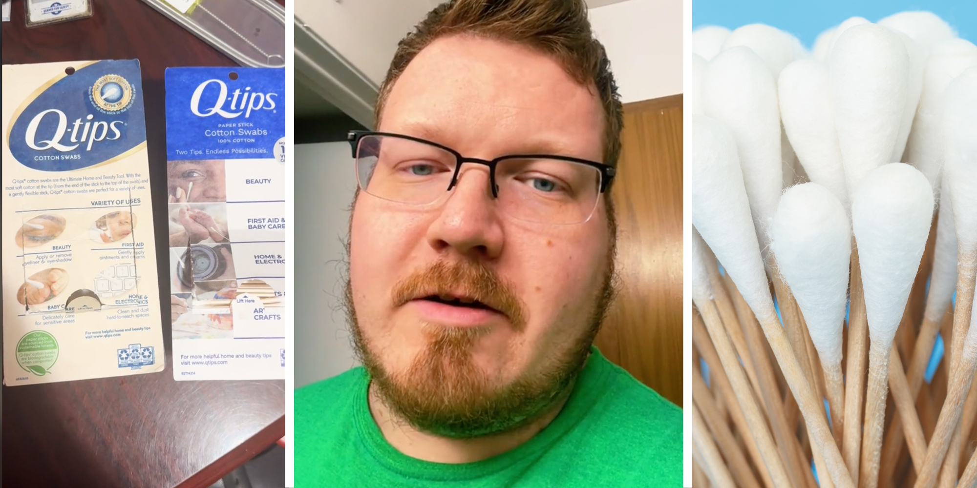 Boxes of Q-tips(l), Man talking(c), Close up of q-tips(r)