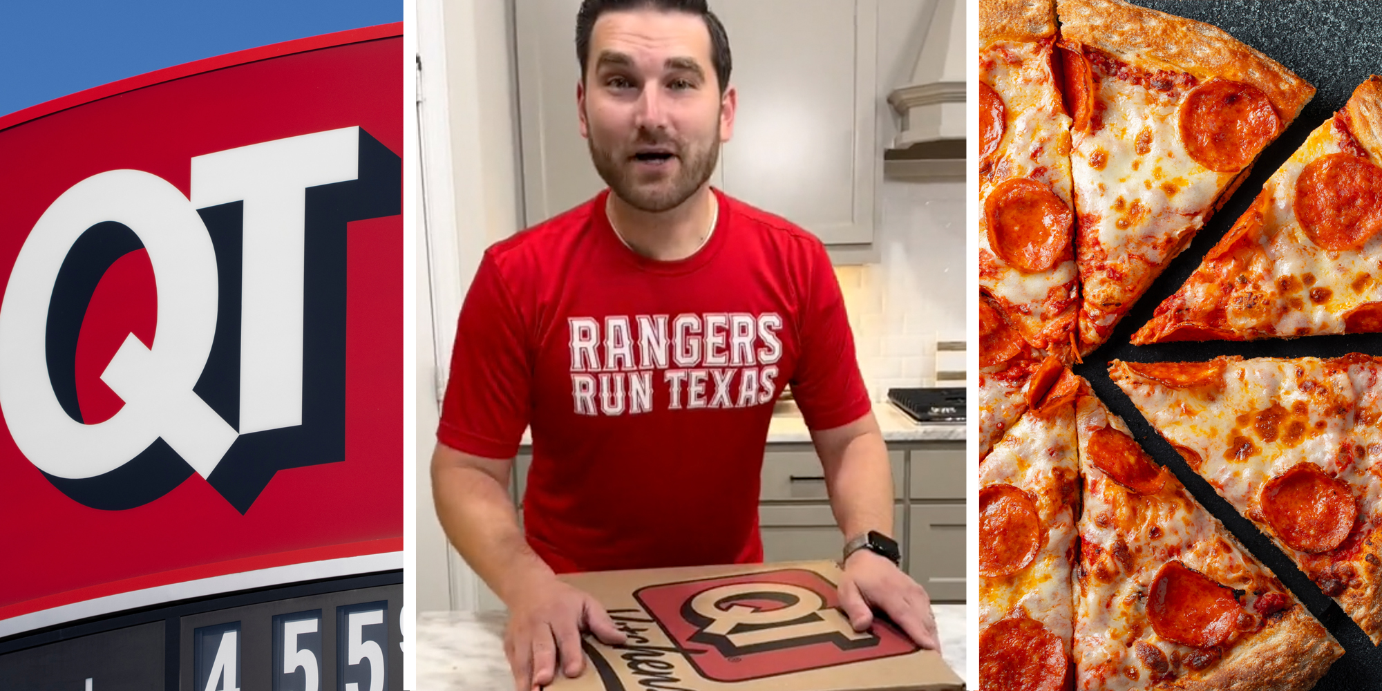 Quiktrip sign(l), Man talking with pizza box(c), Pepperoni pizza(r)