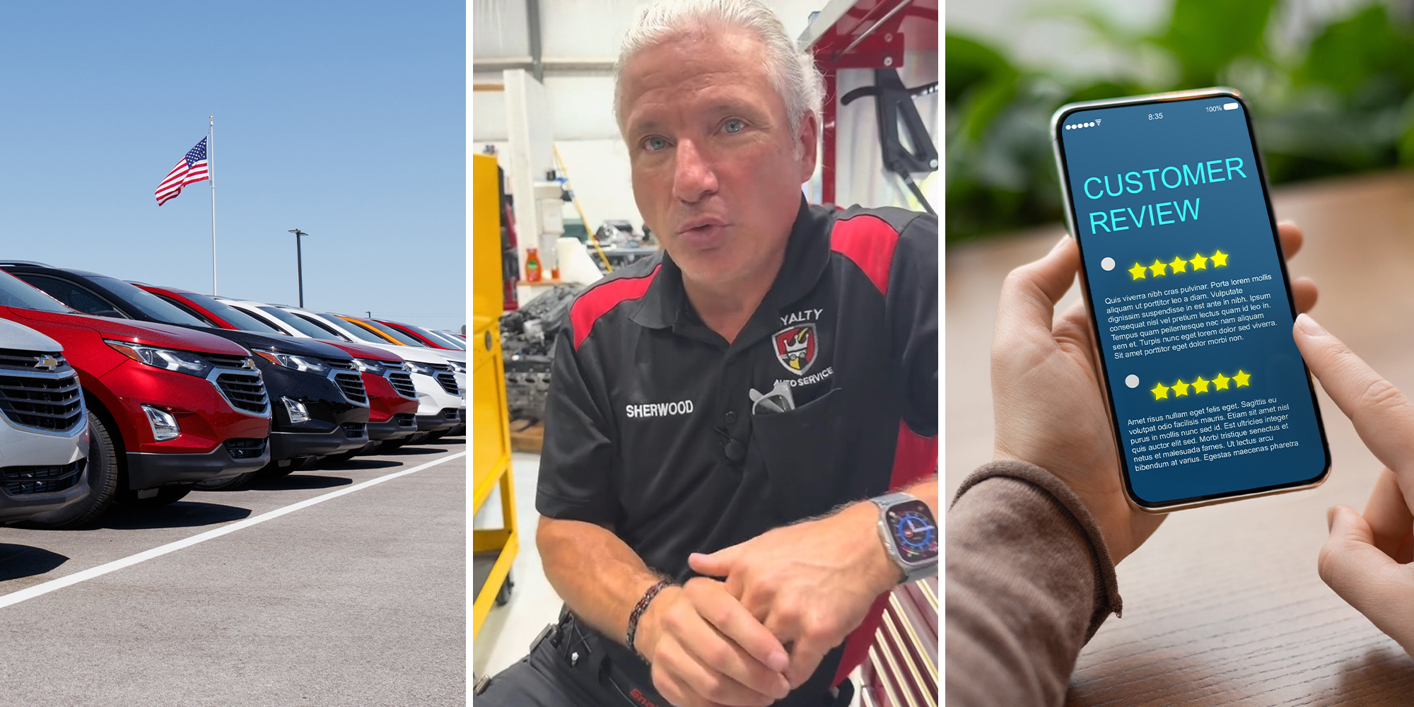 fleet of suvs in parking lot(l) Expert Mechanic on TikTok(c) Customer Ranking reviews on phone(r)