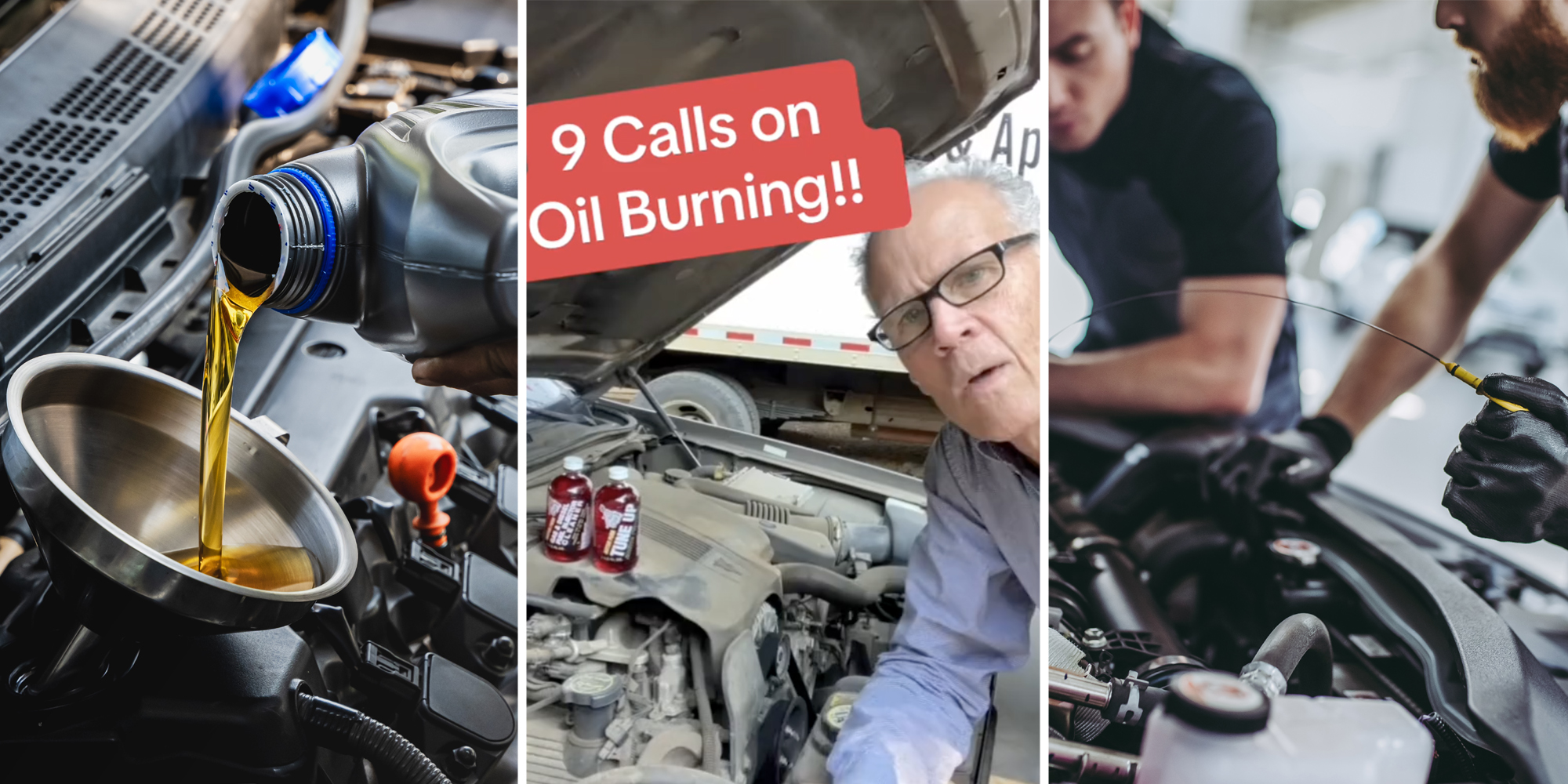 Oil being poured into car(l), Man looking inside car with text that says "9 calls on oil burning"(c), Mechanics checking oil(r)