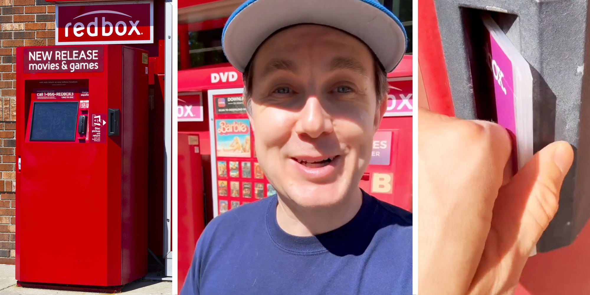 Redbox box(l), man talking(c), Hand grabbing dvd(r)