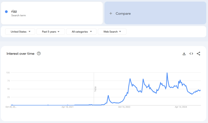 Google Trends report for the term "rizz."
