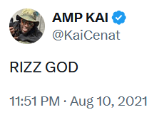 Kai Cenat tweet reading "RIZZ GOD."