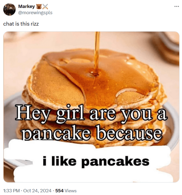 Tweet featuring a stack of pancakes and a bad pickup line.