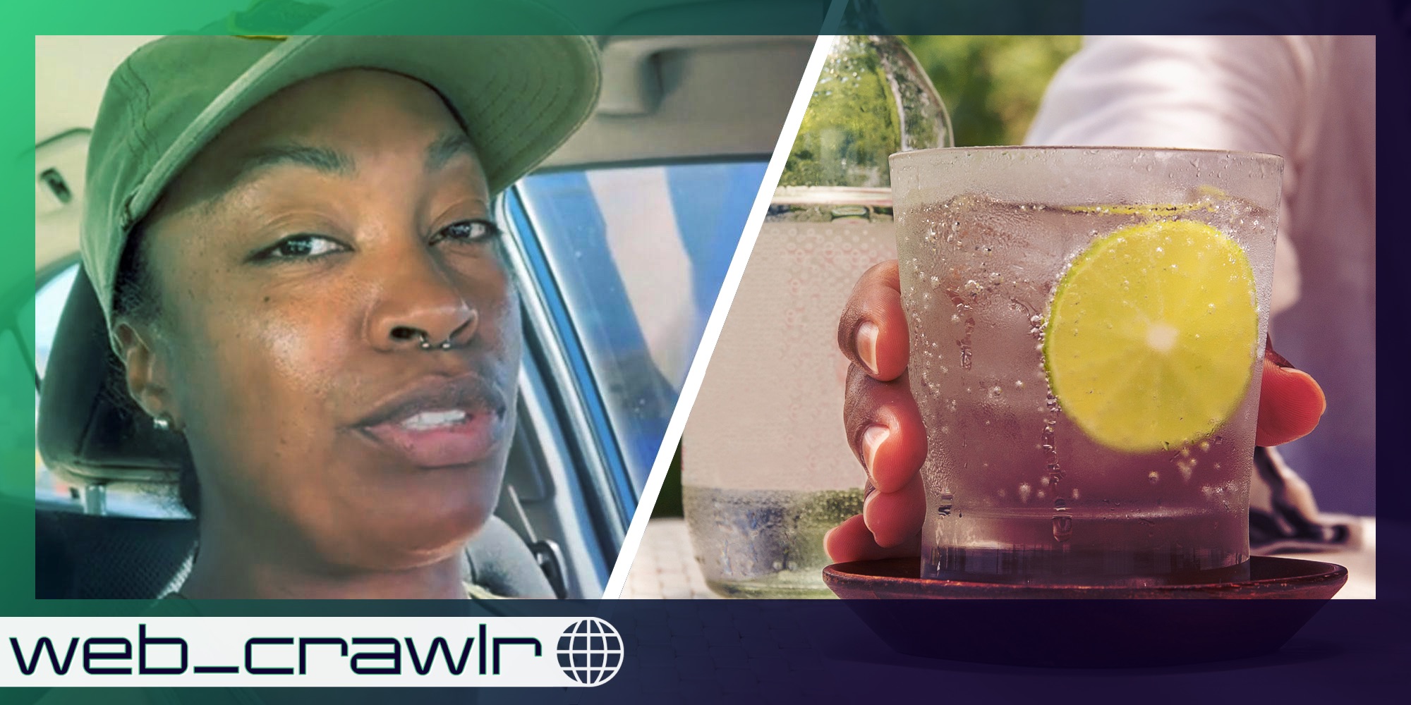 Woman talking(l), Hand holding glass of water with lime(l) with web_crawlr logo over it
