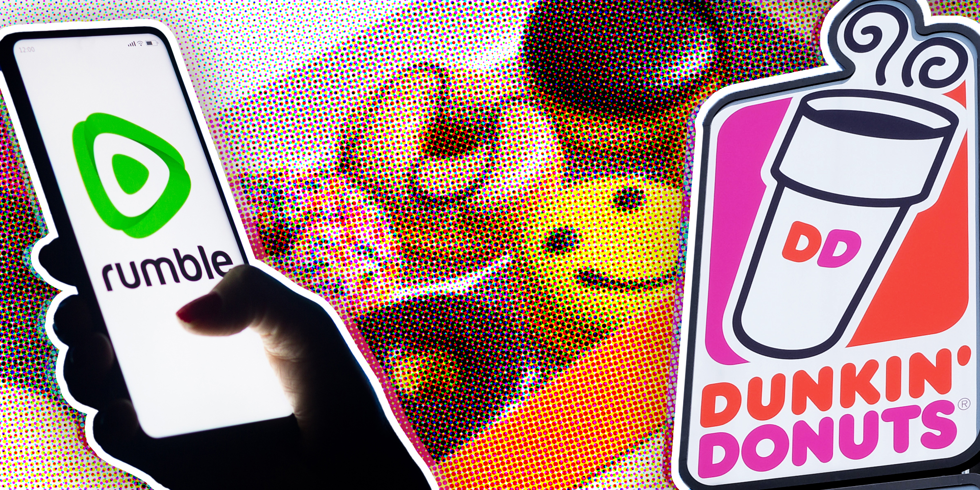 Hand holding phone with rumble app and Dunkin Donuts sign over box of donuts