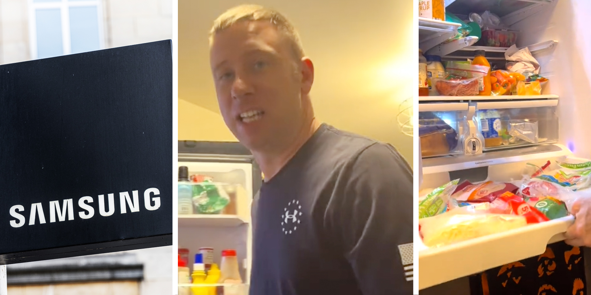 Samsung(l), Man talking(c), open refrigerator(r)