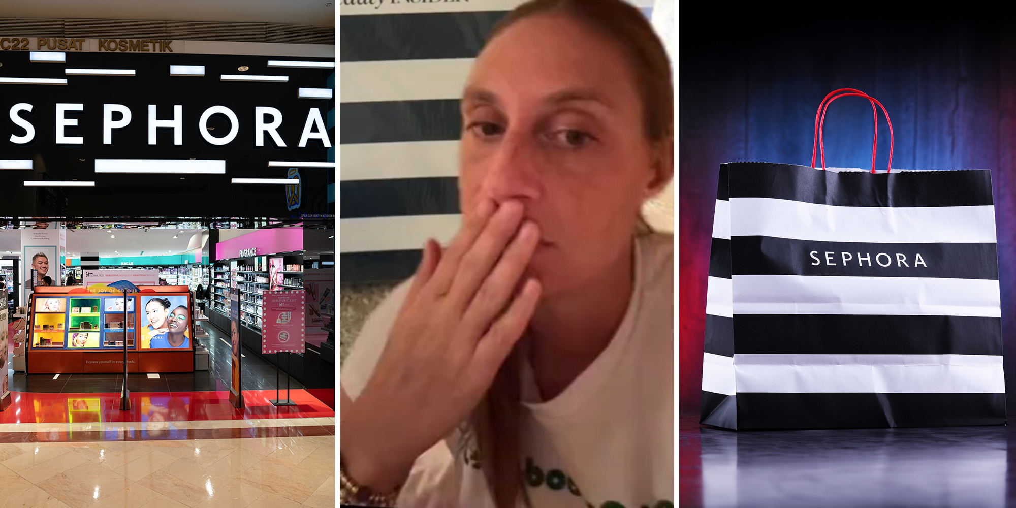 Sephora Store Front(l) Woman Looking Shocked(c) Sephora Bag(r)