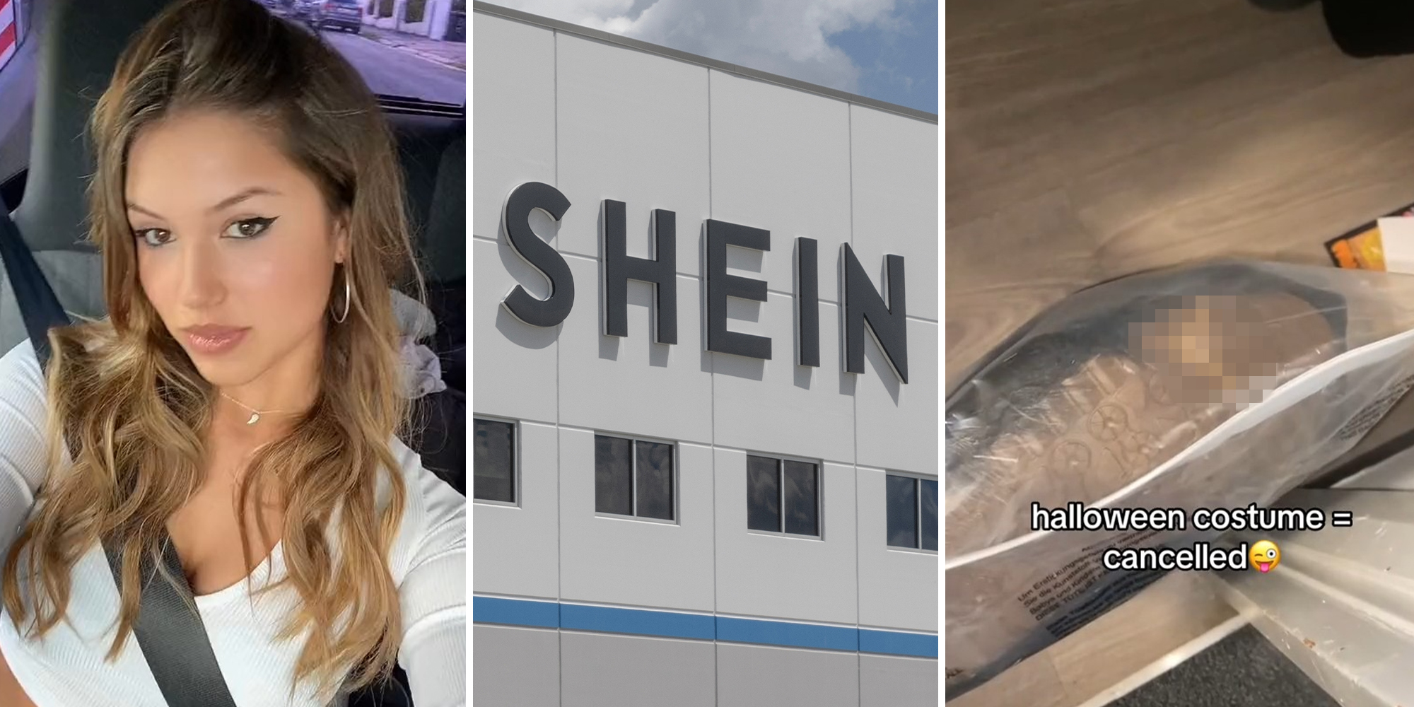 woman inside of car taking a selfie(l) Shein Building Sign(c) Shein Bag(r)