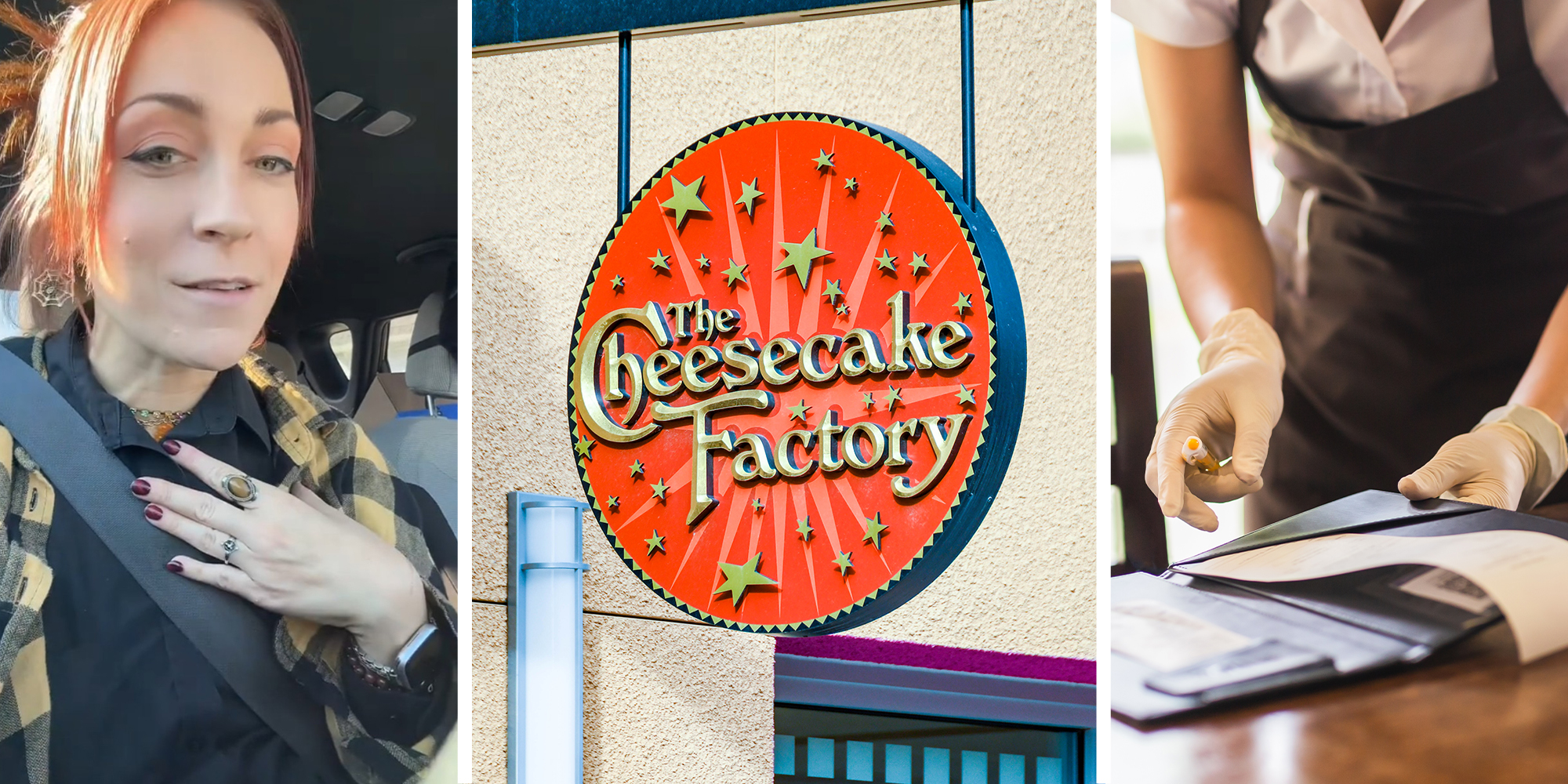 Cheesecake factory worker sharing story on TikTok(l) The Cheesecake Factory Sign(c) Man Signing on paper(r)