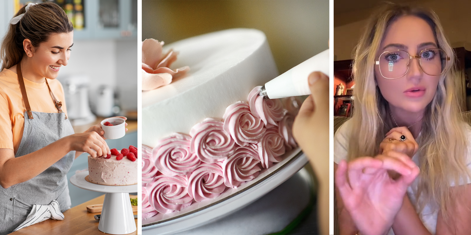 Woman decorating cake(l) Decorating pink Roses on cake(c) Woman sharing cake ordering experience on TikTok video(r)