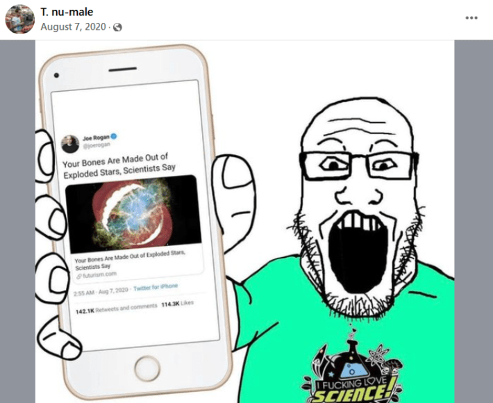 Soyjacking meme with a wide-mouthed Wojak showing his phone with an astronomy headline.