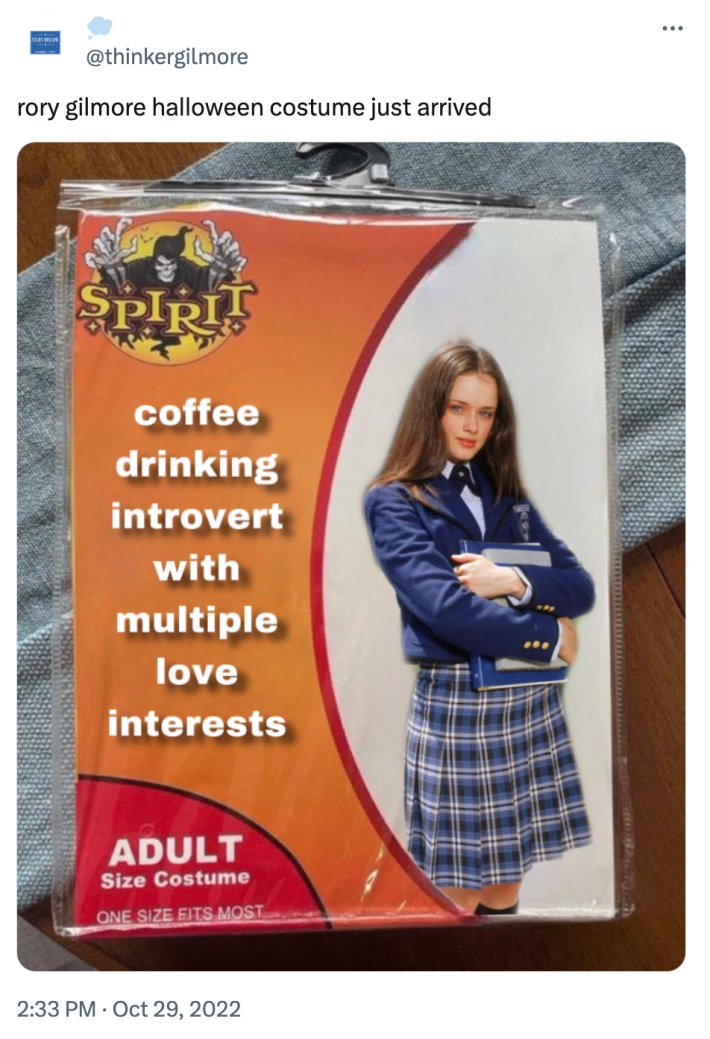 Spirit Halloween costume meme of Rory Gilmore.