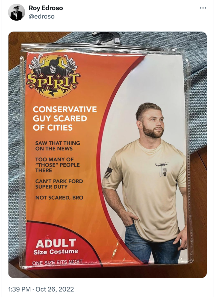 Spirit Halloween costume meme of a conservative guy scared of cities.