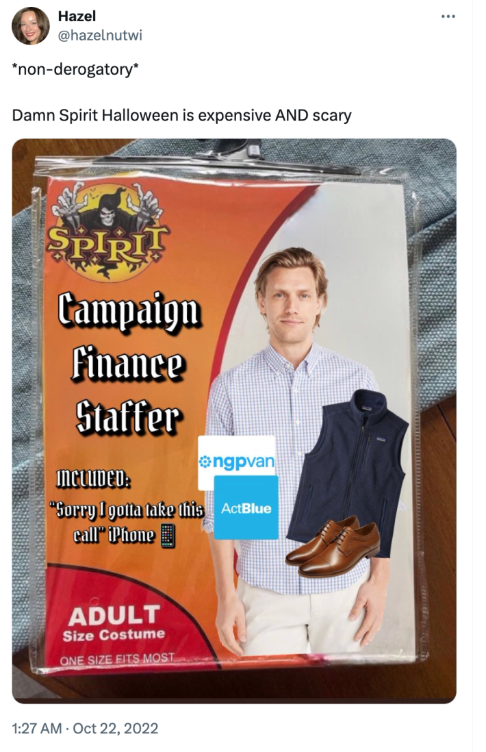 Spirit Halloween costume meme of a campaign finance staffer.