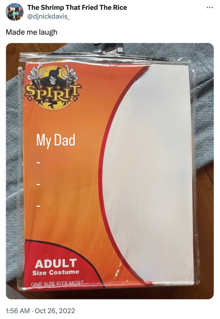 Spirit Halloween costume meme of an absent father.