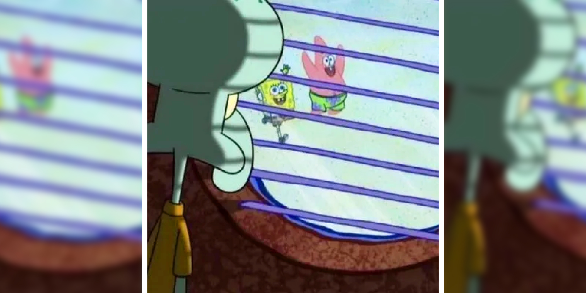 Image of the character Squidward looking through a window at his friends having a good time outside.