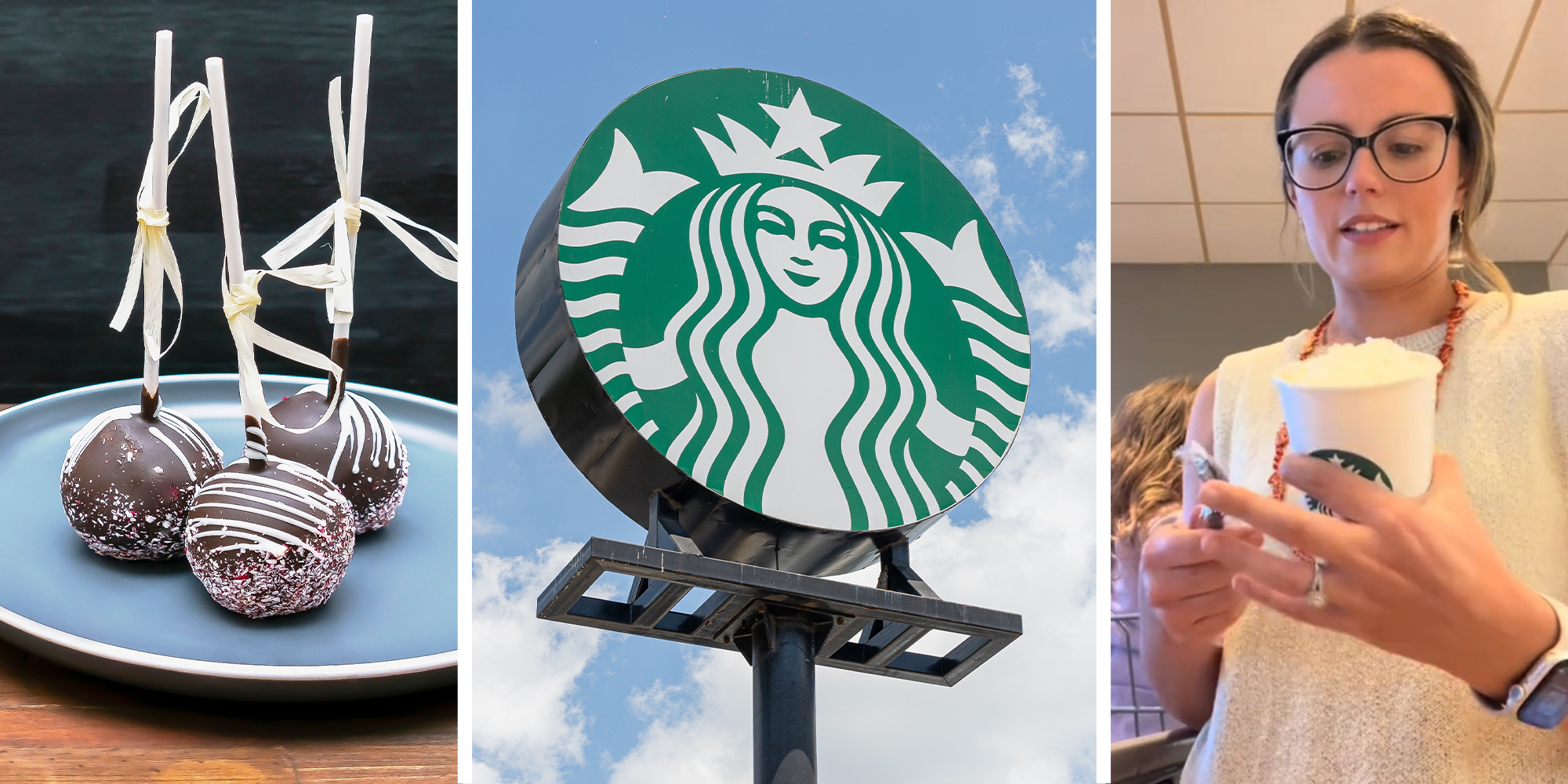 Starbucks Cakepop, Starbucks sign; Woman holding starbucks cup