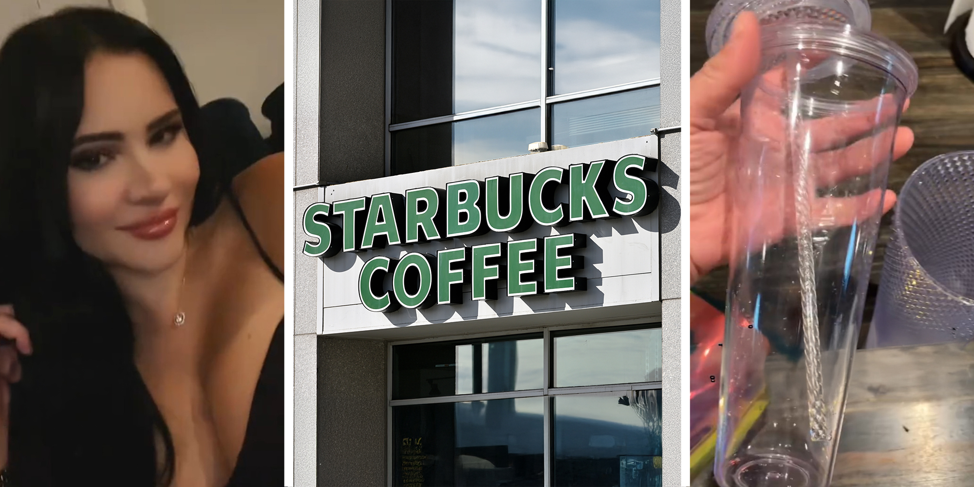woman wearing jet black dress(l) Starbucks Coffee sign on building(c) Hand Holding broken Starbucks cup(r)
