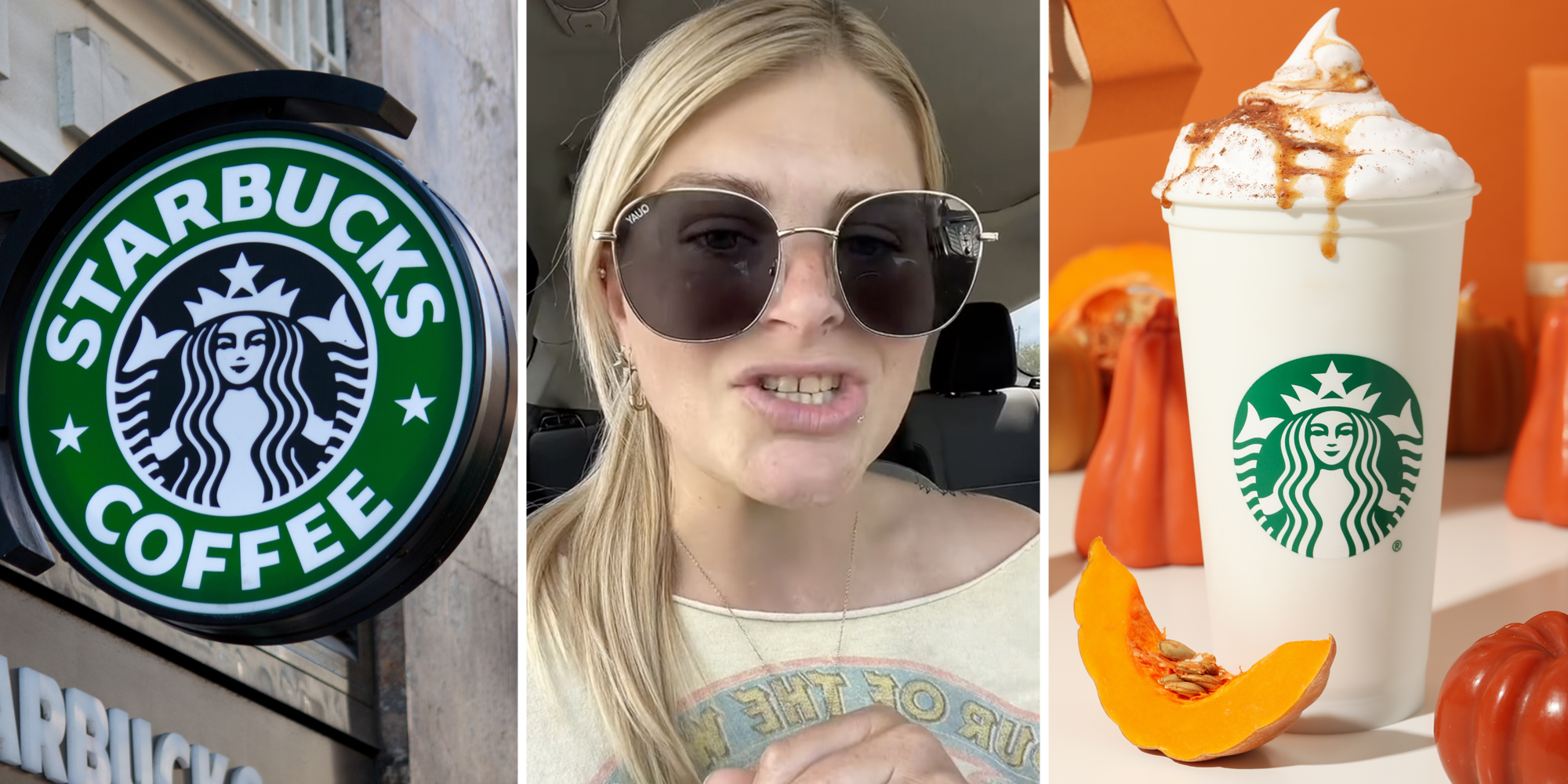 Starbucks sign(l), Woman talking(c), Pumpkin spice latte with pumpkin(r)
