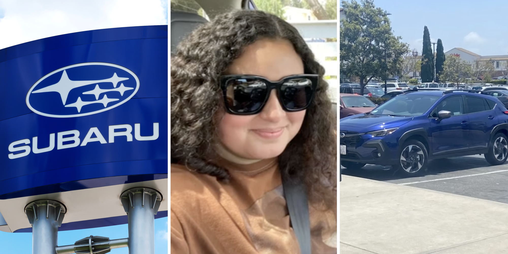 Subaru sign(l), Woman smiling(c), Blue Subaru(r)