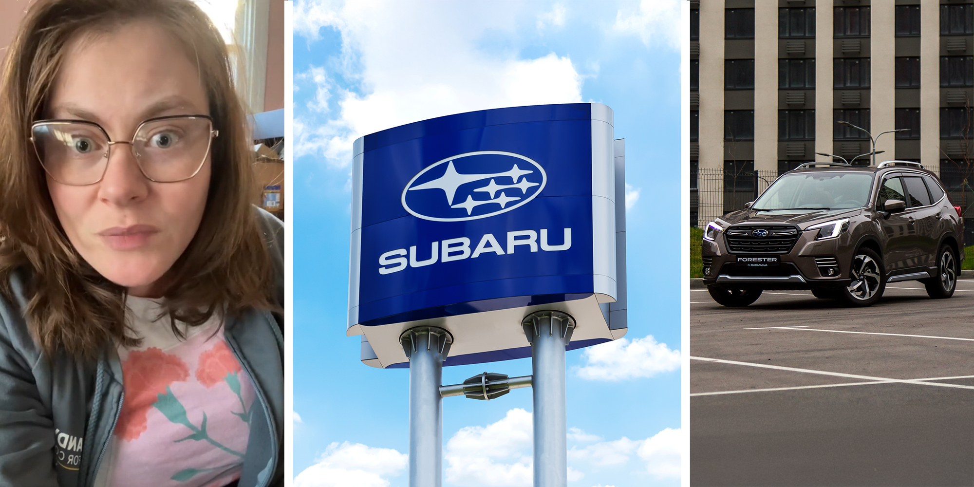 Subaru Customer venting about her experience on TikTok(l) Subaru Sign(c) Subaru Forester(r)