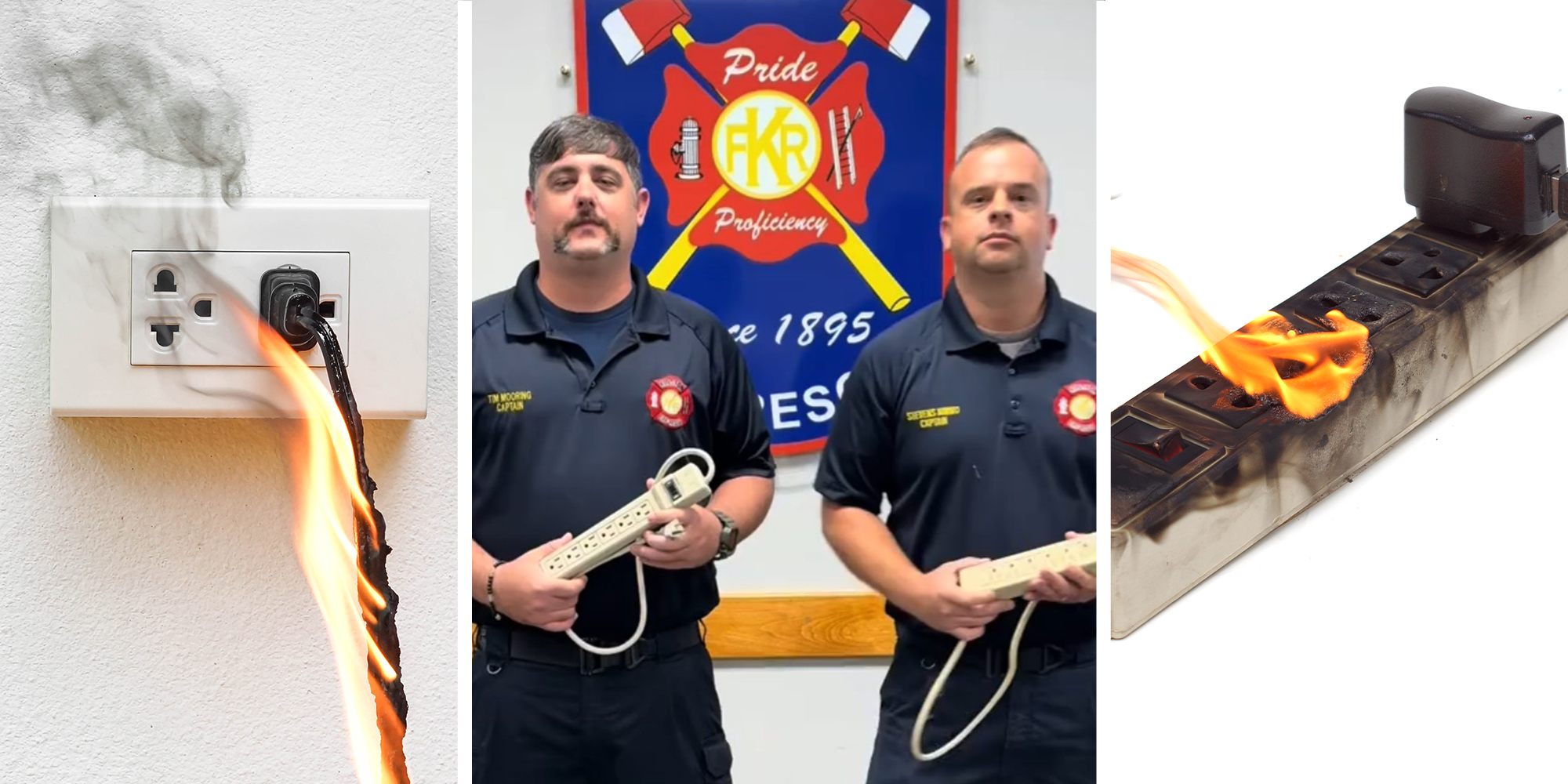 Surge Protector Cable Fire(l) fire fighters explaining what would cause a surge protector to catch on fire(c) Surge Protector on fire(r)