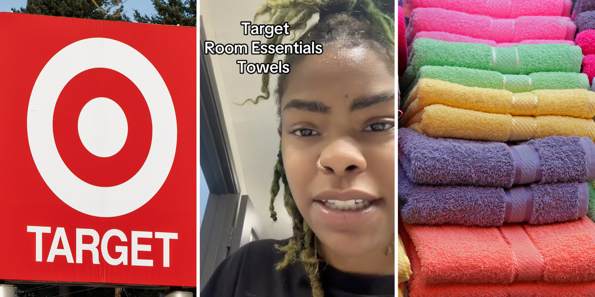 Target sign(l), Woman talking with text that says "Target Room Essential Towels"(c), Stack of colorful towels(r)