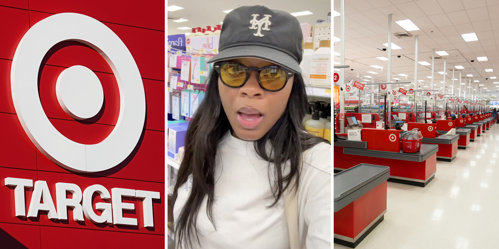 Target sign(l), Woman looking shocked(c), Target registers(r)