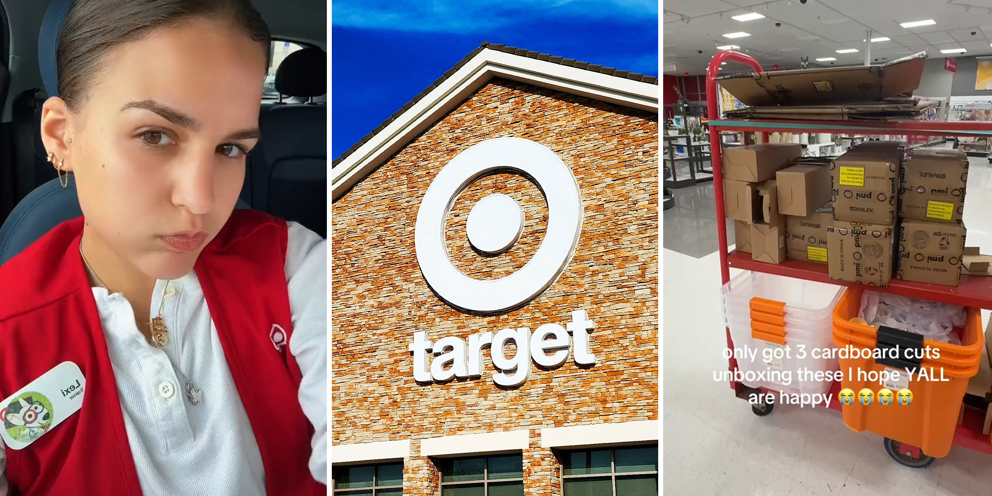 Target Store Employee(l) Target Store Front(c) Target products ready to be packed up on shelves(r)