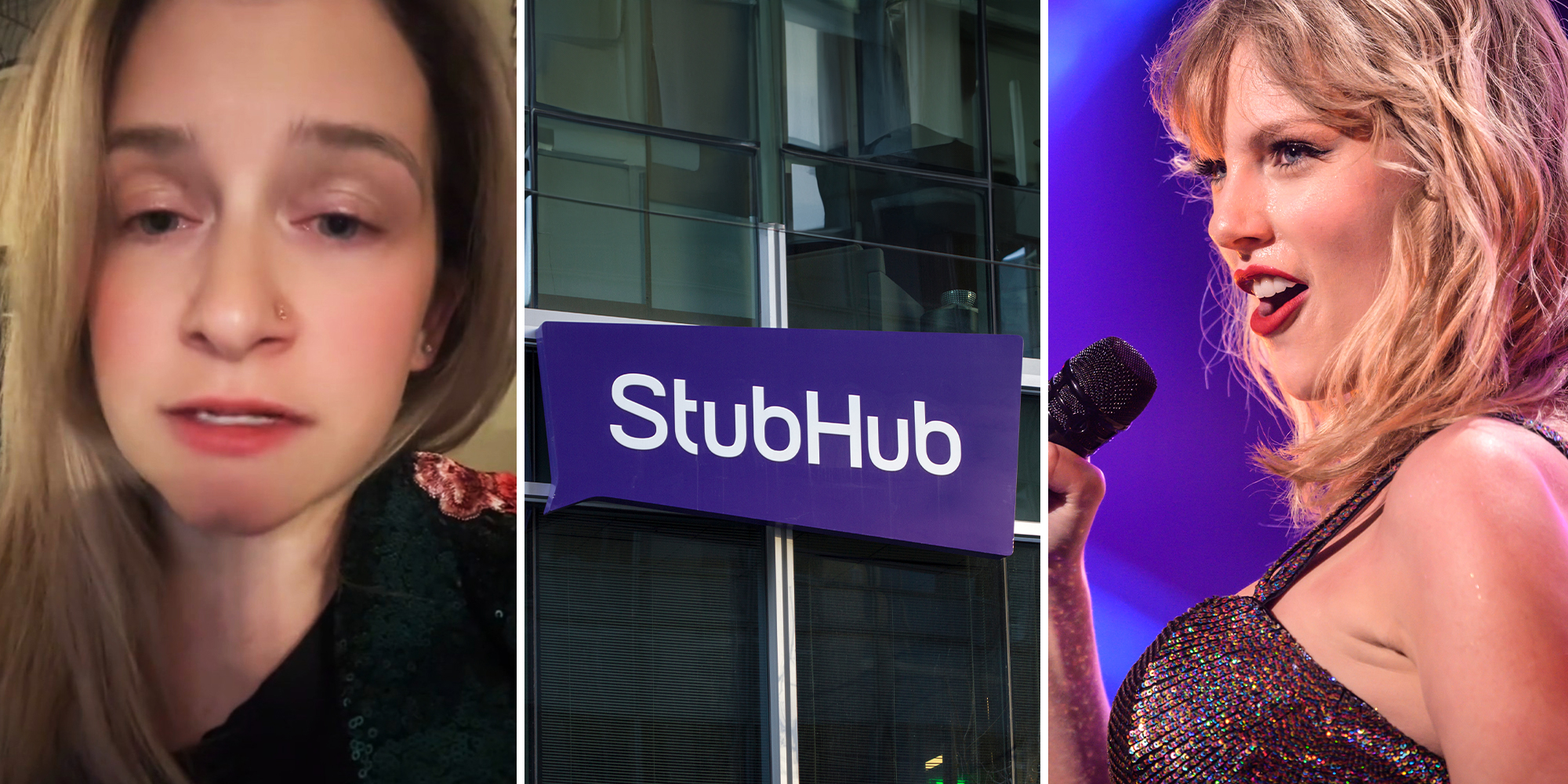 Woman sharing stubhub story on tiktok(l) Stubhub Sign on building(c) Taylor Swift (r)