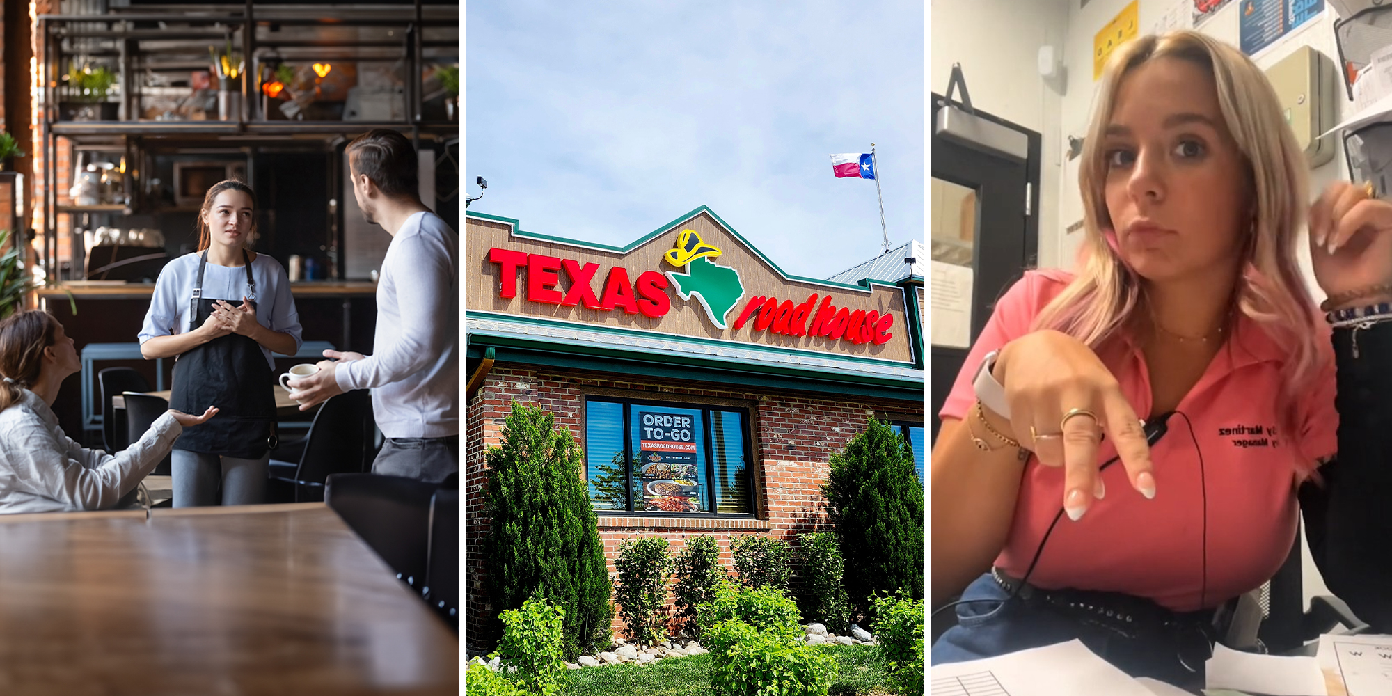 Couple arguing with Server(l) Texas Road House Front View (c) Blonde Woman wearing pink texas roadhouse uniform(r)